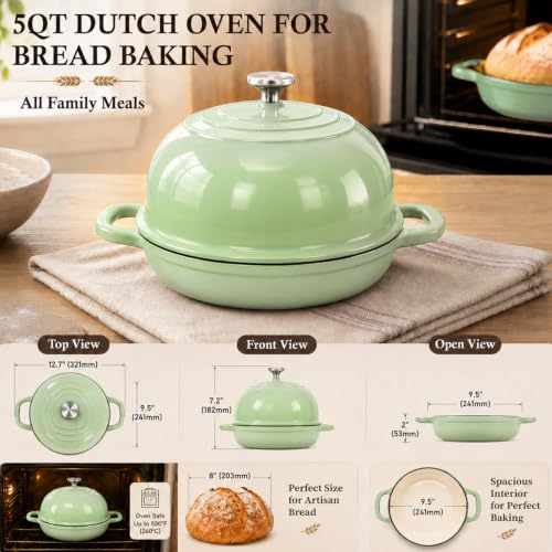 5QT Enameled Cast Iron Dutch Oven for Sourdough Bread Baking (Green)