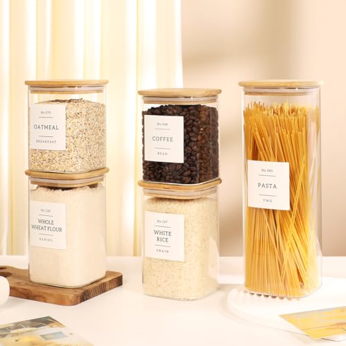 square glass jars with bamboo lids and 132 kithcne pantry labels