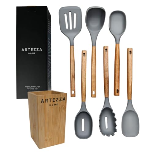 Premium Silicone Kitchen Utensil Set Piece Cooking Tools with Acacia Wood Handles and Bamboo Holder