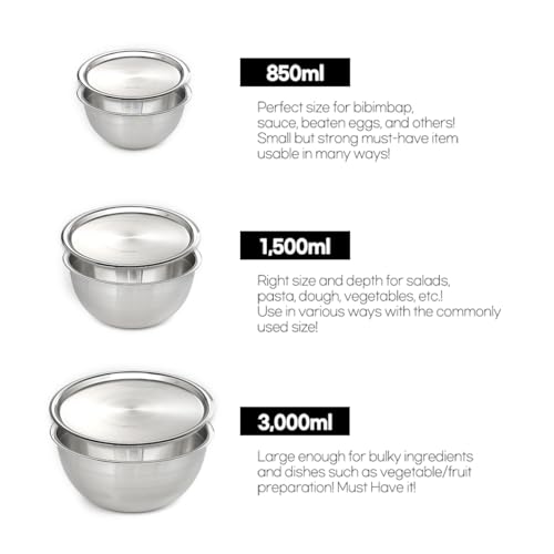 Mixing Bowl + Colander Stainless Steel Food Storage Containers with Lids Set 3 Bowls 3 Lids 3 Colanders Kitchen Appliances Dishwasher Safe Premium South Korea