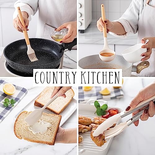 Non Stick Silicone Utensil Set with Rounded Wood Handles for Cooking and Baking (14 Piece Set / Khaki)