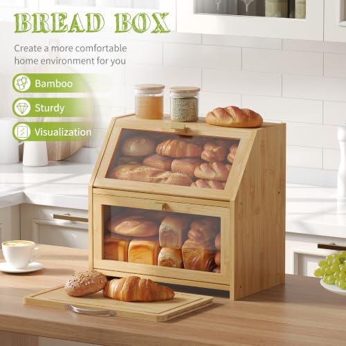 Bread Box with Cutting Board for Kitchen Countertop Corner Bread box Double Layer Bamboo Extra Large Capacity Bin Kitchen Food Storage Container (Natural)