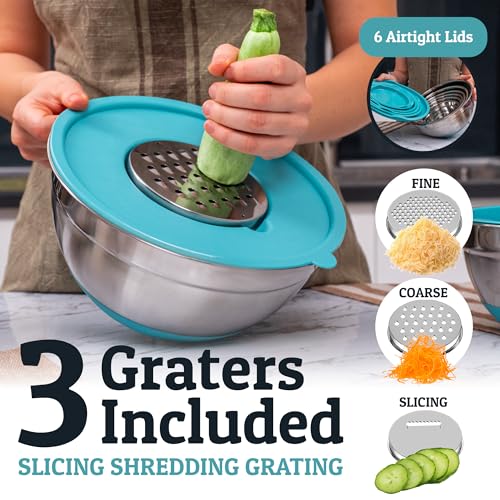 PriorityChef 6pc Stainless Steel Mixing Bowls with Lids Set (Turquoise)