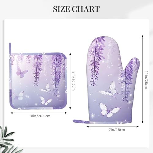 Oven Mitts and Pot Holders Lavender Butterfly Light Purple Flower Silicone Kitchen Accessories Set of 4 Heat Resistant Long Gloves Potholder Non (A06641)