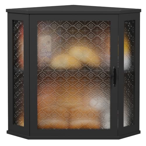 Corner Bread Box for Kitchen Countertop Double Layer Bamboo Wood Large Capacity Bread Storage Container Retro Vintage Farmhouse (Black / Extra Large)