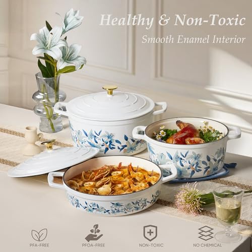7QT Enameled Cast Iron Dutch Oven Pot with Lid (Blue Floral / 7QT)