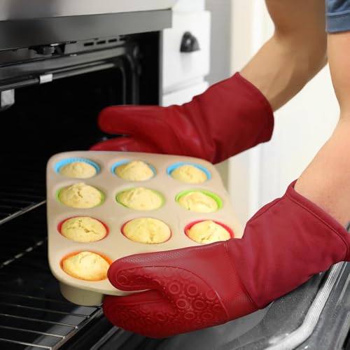 BPA Free Silicone Oven Mitts Ultra Heat Resistant up to 500°F (Empire Red / 2-Piece 13.7" Oven Mitts)