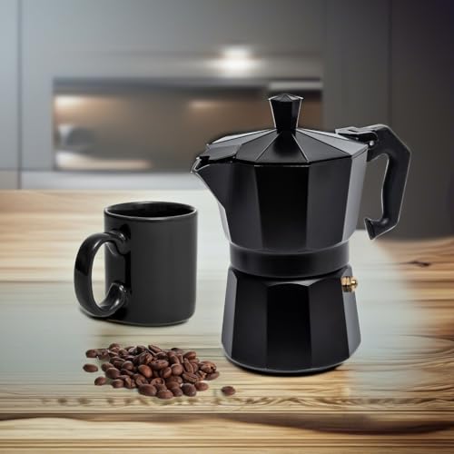3 Cup Moka Pot Stovetop Espresso Maker (Black / 3 Espresso Cups with Mug)
