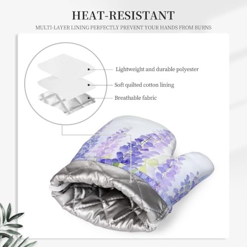Oven Mitts and Pot Holders Set Lavender Flower Floral Silicone Kitchen Accessories 4 Piece Heat Resistant Long Gloves Potholder Non (C08)