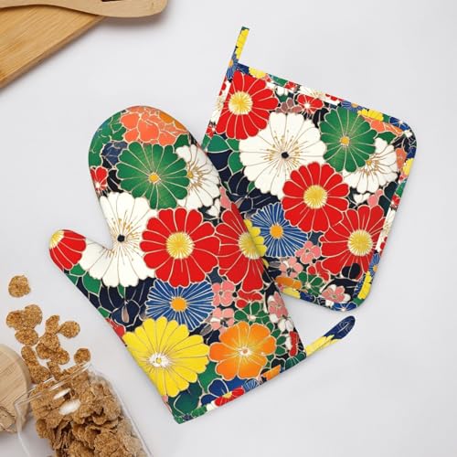 Oven Mitts and Pot Holders Flower Ethnic Art Pattern Silicone Kitchen Accessories Set of 4 Heat Resistant Long Gloves Potholder Non (A098)