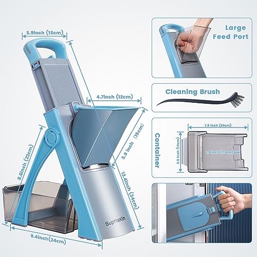Safer Mandoline Slicer Plus for Kitchen Adjustable Potato Slicer (Blue)