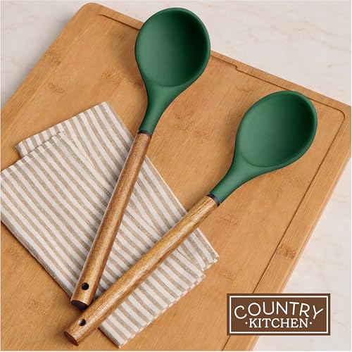 Non Stick Silicone Utensil Set with Rounded Wood Handles for Cooking and Baking (8 Piece Set / Green)