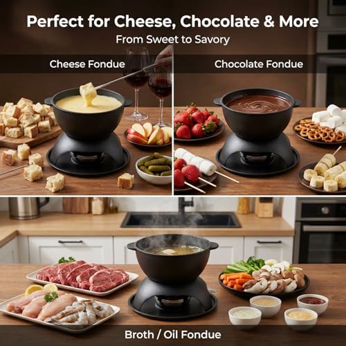 11 Piece Cast Iron Fondue Set with Adjustable Burner 6 Colored Forks