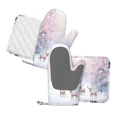 Oven Mitts Pot Holders Set Winter Deer Forest Christmas Silicone Kitchen Gloves Potholders Heat Resistant for Chef Baking Cooking Grilling BBQ 4 Pack Mitt (C03)