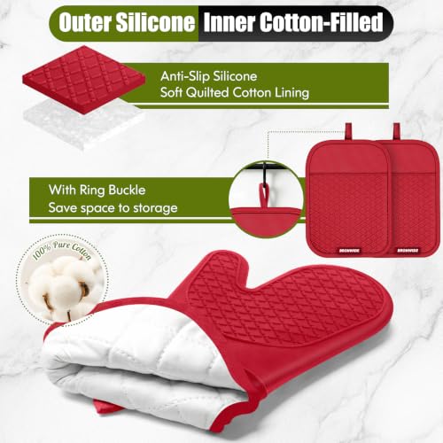 Silicone Oven Mitts and Pot Holders with Kitchen Towels and Dishcloths Sets (Red)