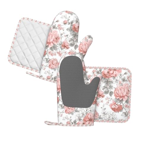 Oven Mitts Pot Holders Set Vintage Flower Silicone Kitchen Gloves Potholders Heat Resistant for Chef Baking Cooking Grilling BBQ 4 Pack Mitt (A0613)
