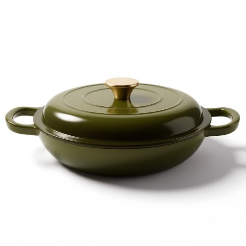 Dutch Oven Enameled Cast Iron with Lid (Golden Green / 3 QT（Shallow Pot）)