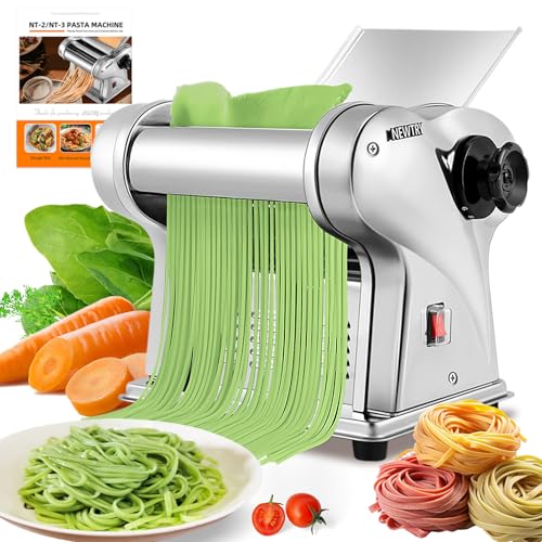 Electric Pasta Maker Noodle Maker Pasta Making Machine Dough Roller Cutter Thickness Adjustable Stainless Steel US 110V for Family Use 2 Blades Type (1.5mm Round+4mm Flat Noodle)