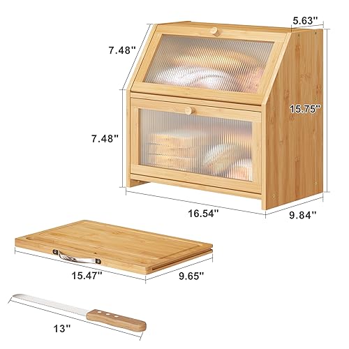 Extra Large Bread Box with Cutting Board Bamboo Wood Bread Box for Kitchen Counter (Natural)
