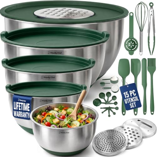 28pc Stainless Steel Mixing Bowls with Lids Set (Utensils - Green)