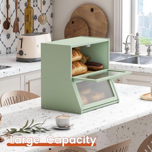 Double Layer Bamboo Bread Box for Kitchen Counter (Light Green / Extra Large)