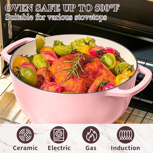 6QT Enameled Cast Iron Dutch Oven Pot with Lid (Pink)