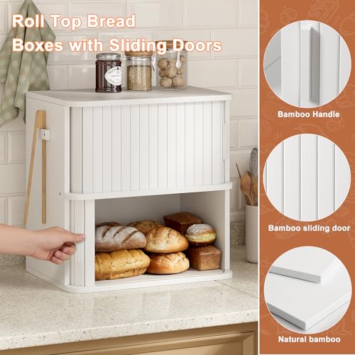 2 Tier Roll Top Bread Box for Kitchen Countertop Storage Cabinet (White / Extra Large)
