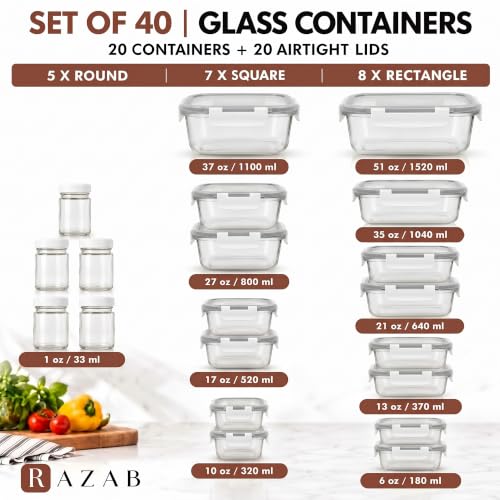 40 PC Set Leakproof Glass Food Storage Containers with BPA Free Lids (White)