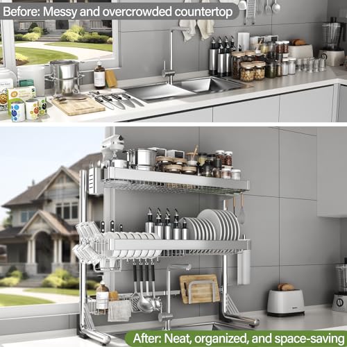 Over The Sink Dish Drainer Drying Rack 3 Tier (Silver / 3 Tier with Flat Grid)
