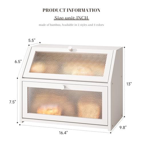 Bread Box for Kitchen Countertop Bin Double Layer Bread Box Storage Container Extra Large Capacity Farmhouse with Diamond Pattern Windows (White / Large)