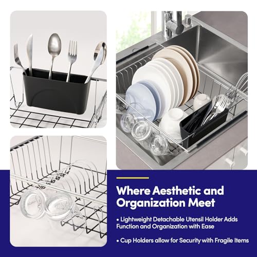 Dish Drying Rack Over The Sink Expandable to 24.5" Dish Drainer (Black / 15.75" x 12" x 5")