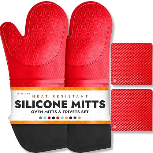 Silicone Oven Mitts and Potholders (Canyon Red / 4-Piece Oven Mitts & Trivets Set)