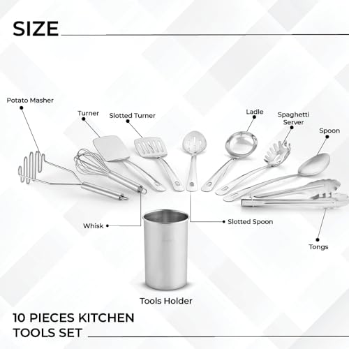 Premium Set of 10 Stainless Steel Kitchen Tool Set with Holder Easy To Clean