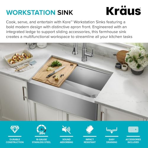 Kore 30 Inch Farmhouse Workstation with In Sink Dish Drying Rack (30 Inch / Flat Farmhouse / Stainless Steel)