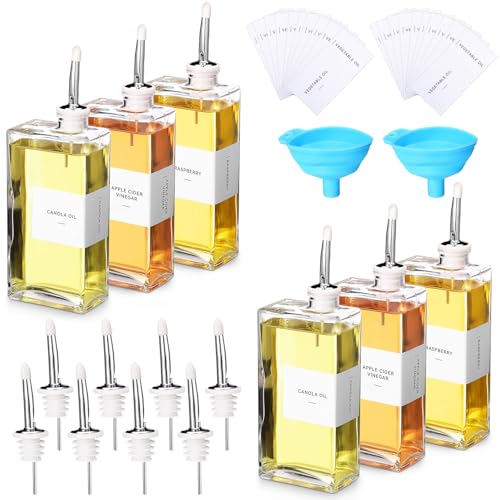 6 Sets Olive Oil Dispenser Bottles for Kitchen with Nozzles Funnel Labels Cooking Oil Dispenser 500ml Set for Kitchen Vinegar Coffee Syrup (Silver)