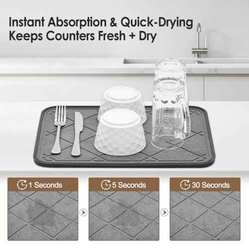 Stone Dish Drying Mat with Silicone Sleeve (Grey - Grid Pattern - 2 PCS / 15.7" x 11.8")