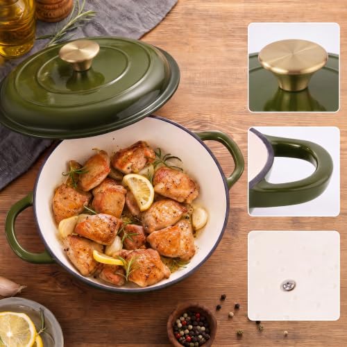 Dutch Oven Enameled Cast Iron with Lid (Golden Green / 3 QT（Shallow Pot）)