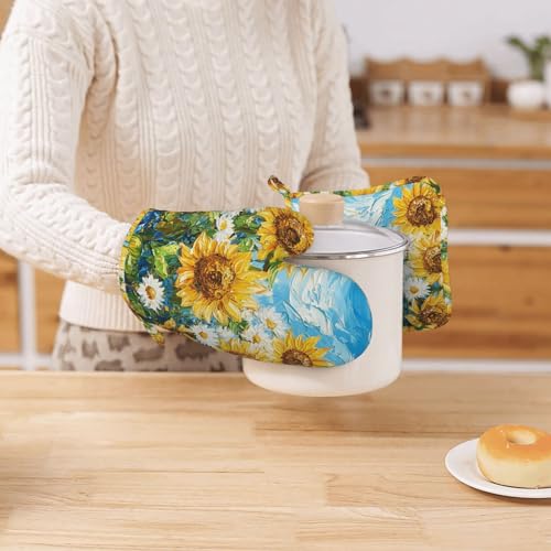 Oven Mitts and Pot Holders Sunflower Daisy Flower Art Silicone Kitchen Accessories Set of 4 Heat Resistant Long Gloves Potholder Non (A0664212)
