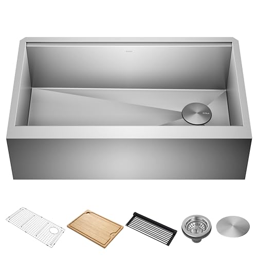Kore 33 Inch Farmhouse Workstation with In Sink Dish Drying Rack (33 Inch / Flat Farmhouse / Stainless Steel)