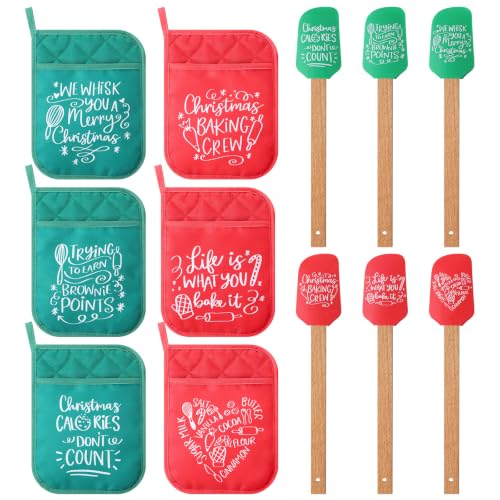 12 Pcs Christmas Silicone Spatulas Pot Holders Set Heat Resistant Pot Holders with Pocket Baking Gifts for Christmas Gift Party Supplies (Classic Christmas Style)