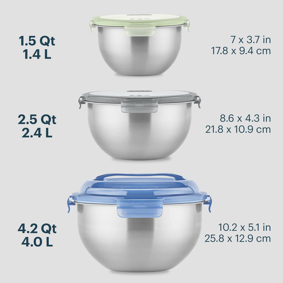 3 Pack Metal Stainless Steel Mixing Bowls with Airtight Locking Lids (3-Pack)