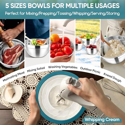 5 Piece Mixing Bowls with Airtight Clear Lids (Blue / 4.6, 3.5, 2.5, 2, 1.5QT)