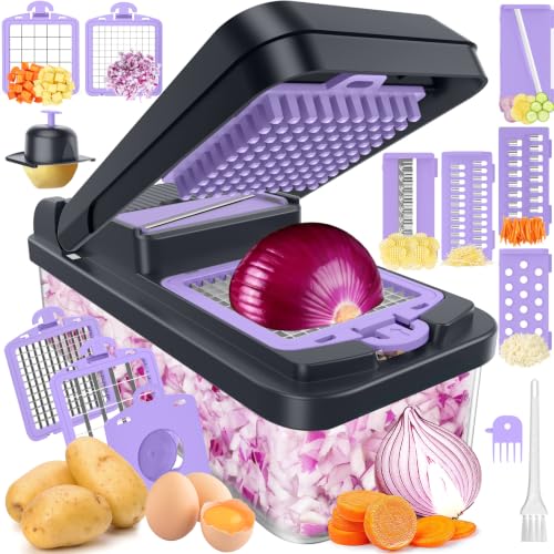 12-in-1 Vegetable Chopper, Food Veggie Chopper With Container (Purple / 7 blades)