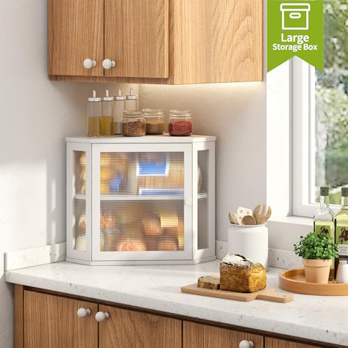 Corner Bread Box for Kitchen Countertop Double Layer Bamboo Wooden Bread box Large Capacity Bread Storage Bin (White / Medium)