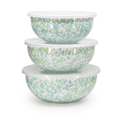 Enamelware Nested Mixing Bowls with Lids (Set of 3 - 3, 3.5 & 4.5 quarts / Jardin Swirl)