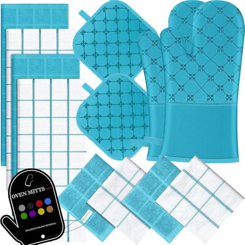 Oven Mitts Kitchen Towels Dishcloths with Pot Holders Sets 12PCS (Blue)