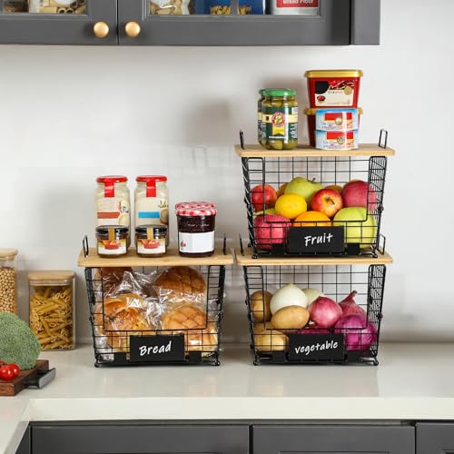 Stackable Wire Basket with Bamboo Tops & Tag