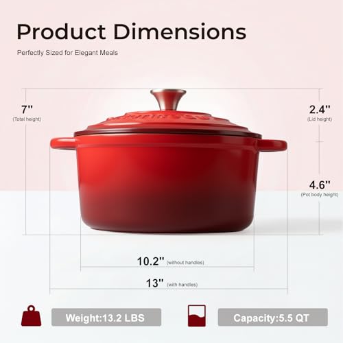 5.5QT Enameled Cast Iron Dutch Oven for Sourdough Bread Baking (Red / 5.5QT)