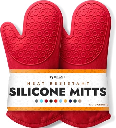 BPA Free Silicone Oven Mitts Ultra Heat Resistant up to 500°F (Red / 2-Piece 13.7" Oven Mitts)