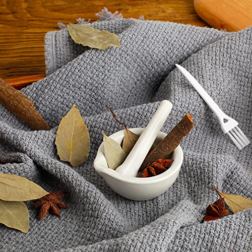 2 Sets Mini Porcelain Mortar and Pestle Set Porcelain Herb Grinder Crusher Grinding Bowl Kitchen Mixing Grinding Bowl with 2 Pieces Brushes for Seasonings